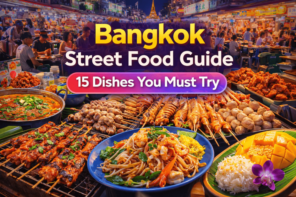 Street food stalls in Bangkok with Thai dishes like pad thai, mango sticky rice and grilled seafood