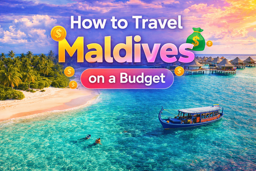 How to travel Maldives on a budget with beautiful beach, turquoise water and island view, Budget travel Maldives guide with tropical island, clear blue water, beach and affordable travel concept
